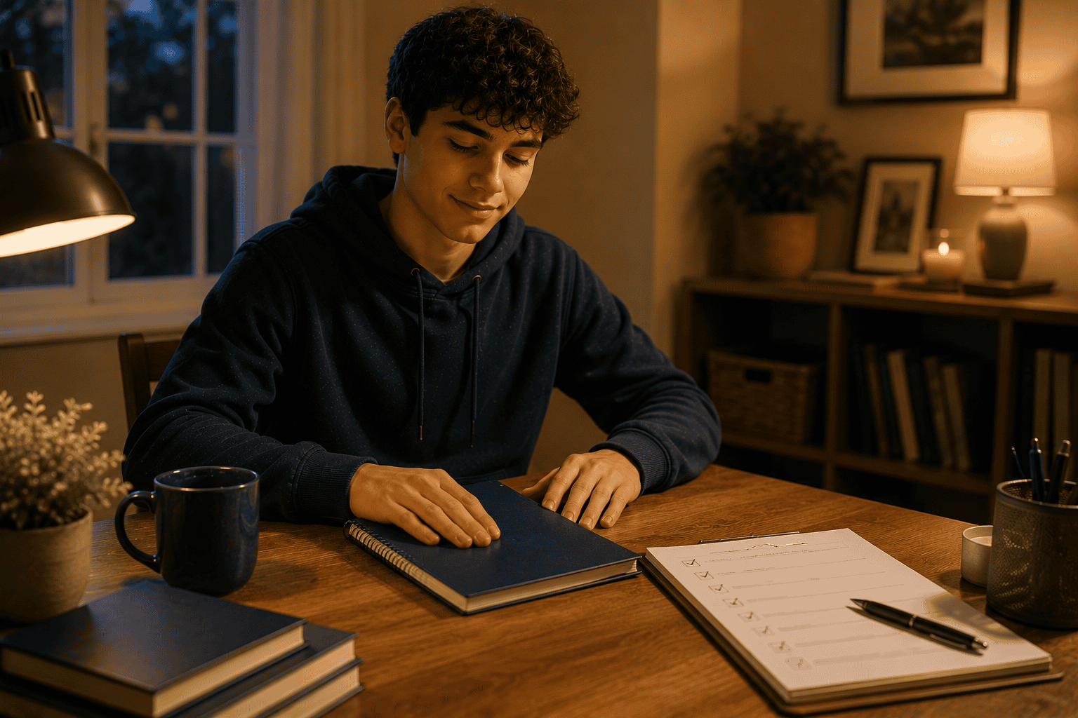 Relaxed student closing a notebook after an organized study session - reducing academic anxiety