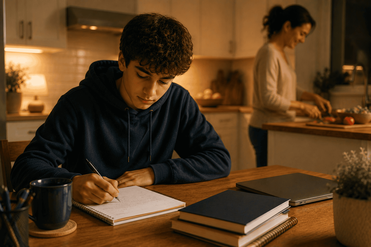 Teen doing homework independently while parent relaxes nearby - ending homework battles