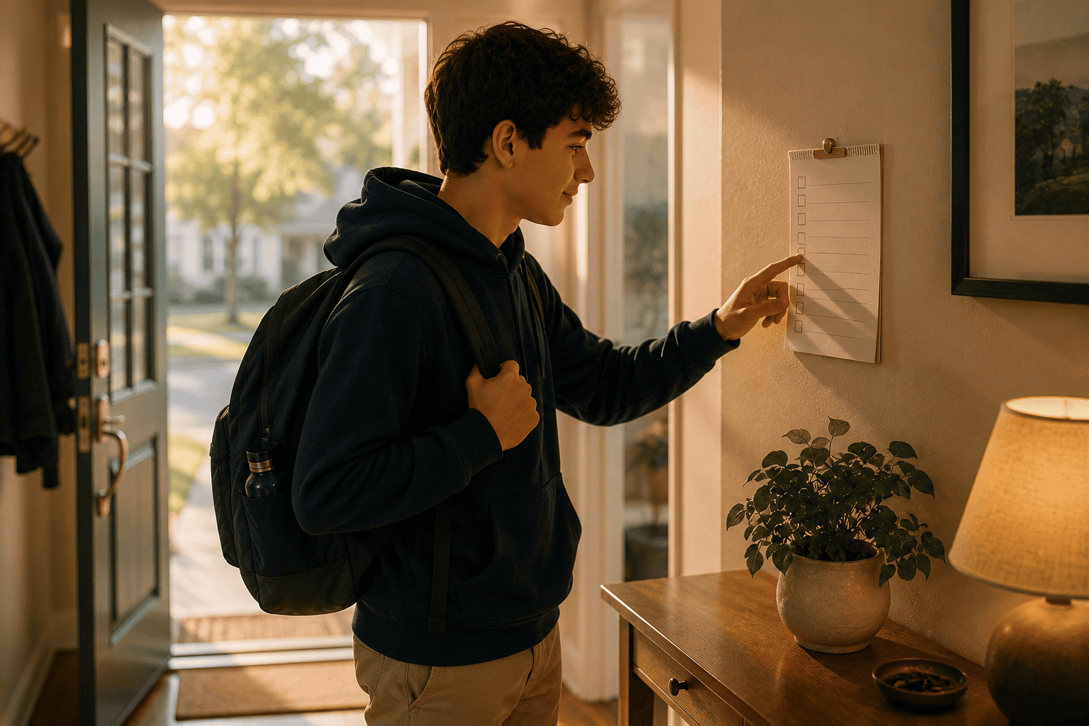 Teen checking a morning checklist by the front door - solving morning routine problems
