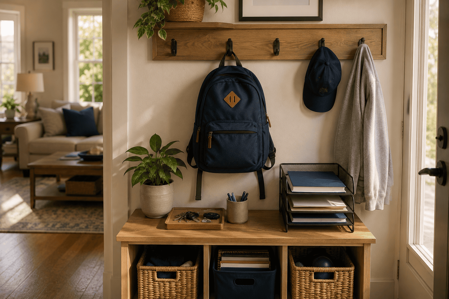 Organized entryway landing zone with backpack and paper tray - organization at home for students