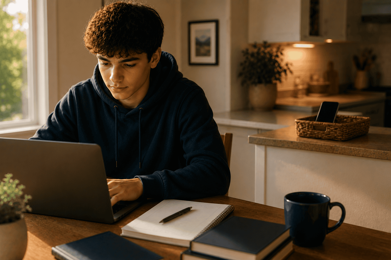 Student working while phone rests in a basket across the room - managing screen time and schoolwork