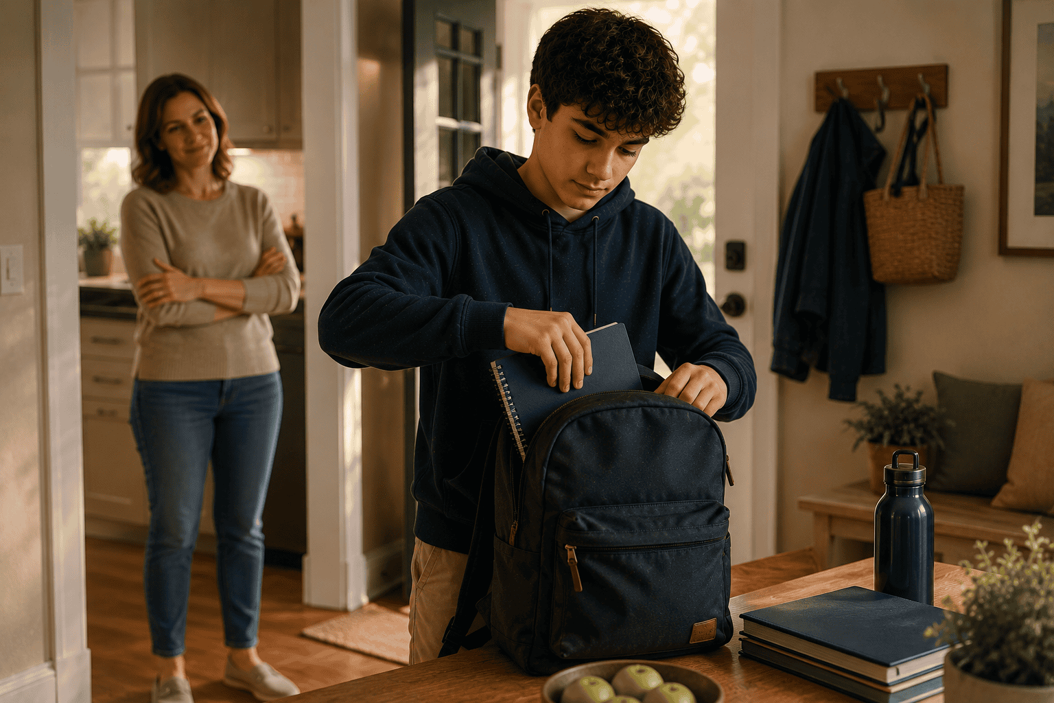 Teen managing their own school preparation while parent watches supportively - building student independence