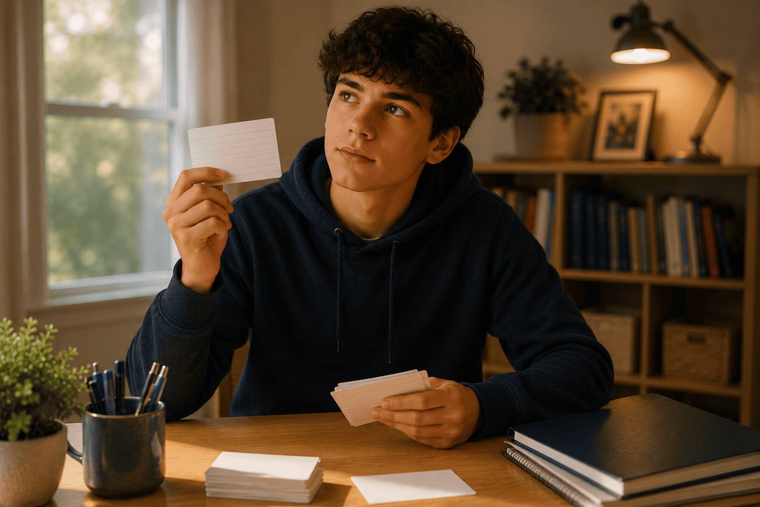 Student self-testing with flashcards, notes closed - effective study habits and retrieval practice