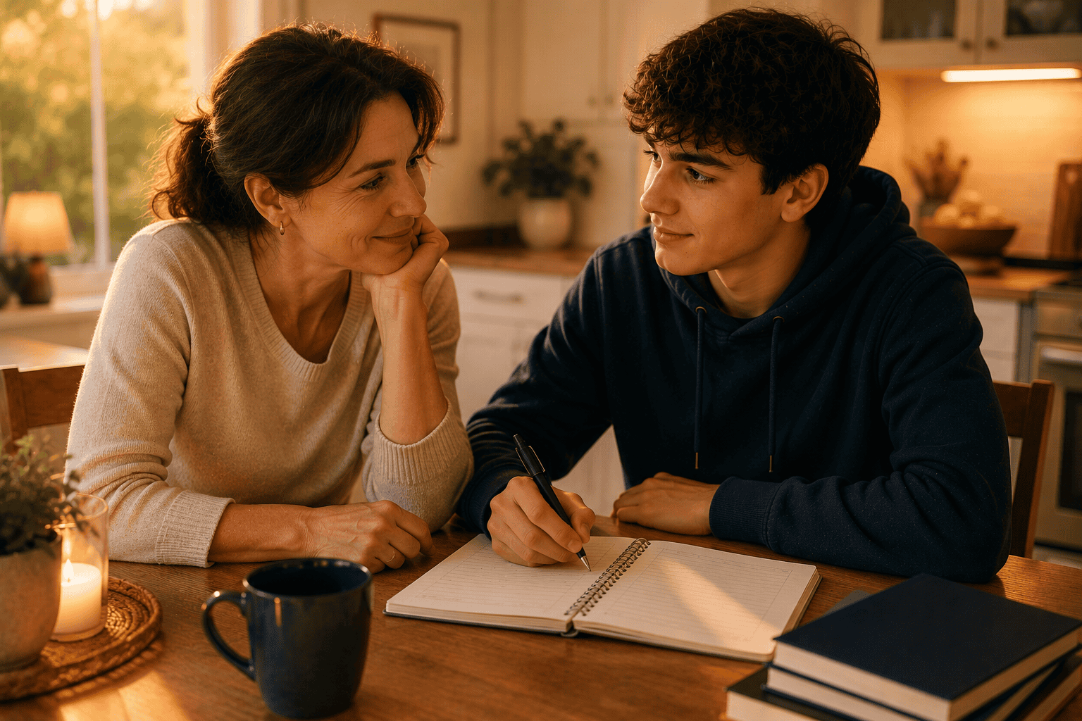 Parent and teenager working together calmly at a kitchen table - Parent Success Center from Diversified Education Services