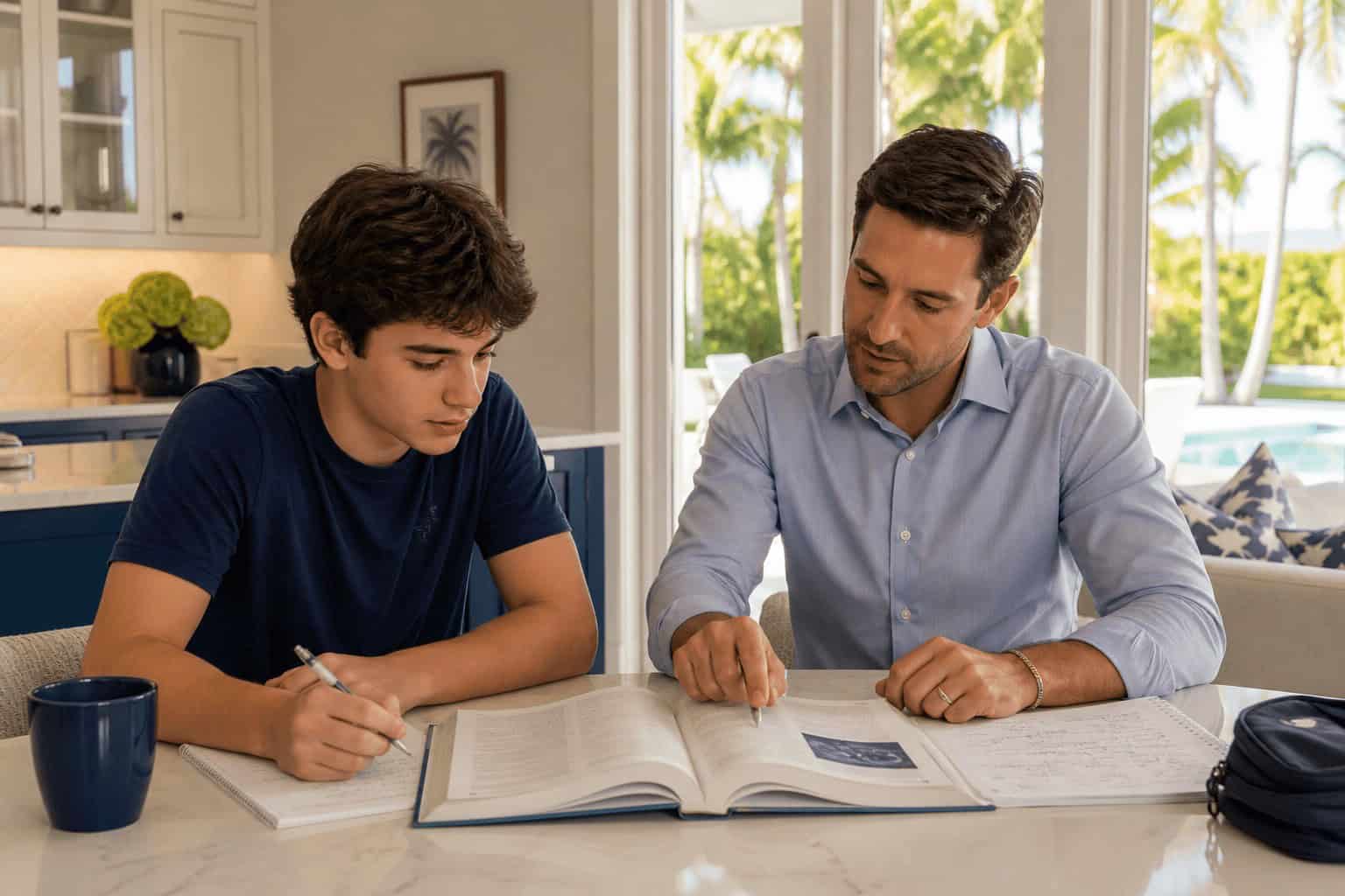 Private academic tutor working one-on-one with a high school student at home in Boca Raton, FL