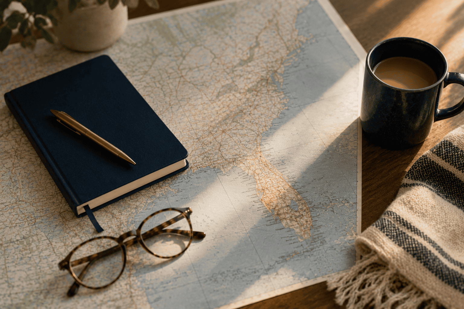 Regional map with a navy notebook and pen - DES executive function coaching locations in Connecticut, New York, and Florida