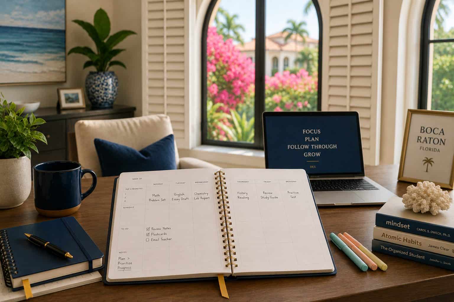 Mediterranean-style Boca Raton FL home study with arched window, white shutters, and an organized desk with student planner and laptop