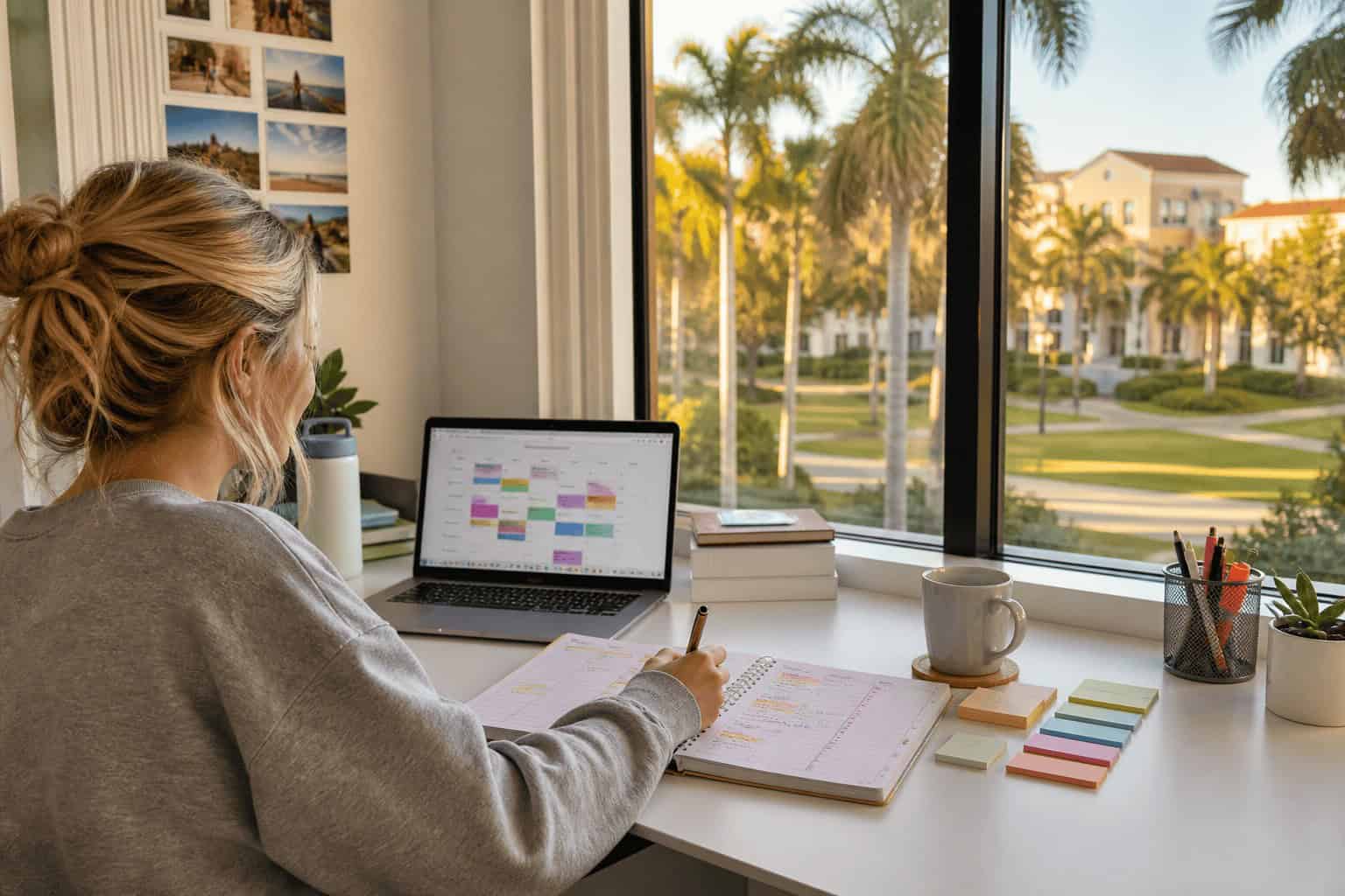 College student at a desk using a weekly planner built through executive function coaching for college students in Boca Raton, FL