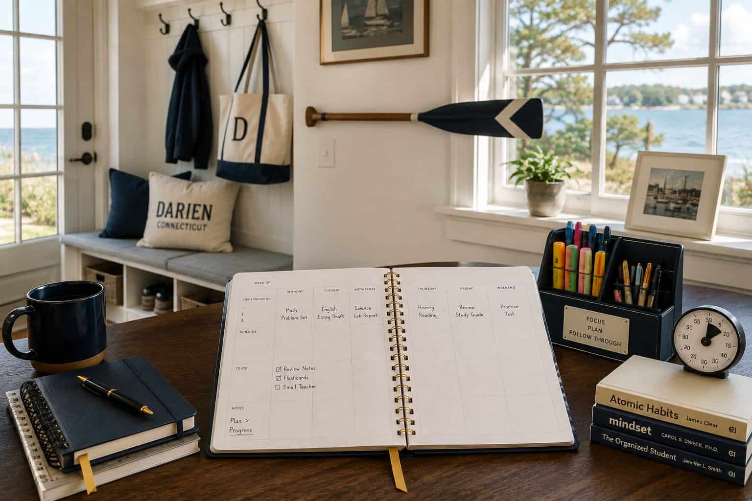 Coastal Darien CT study nook with a rowing oar on the wall and a tidy desk with an open weekly student planner in seaside light