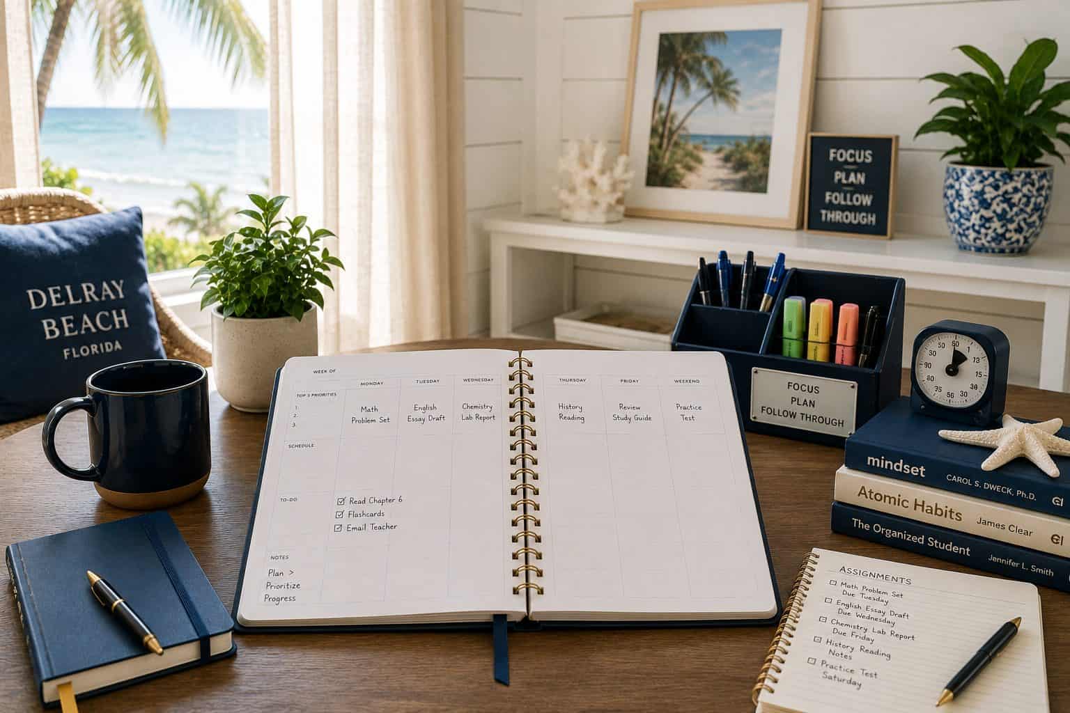Organized coastal study space in a Delray Beach home with an open student planner, navy desk accessories, and beach light through linen curtains