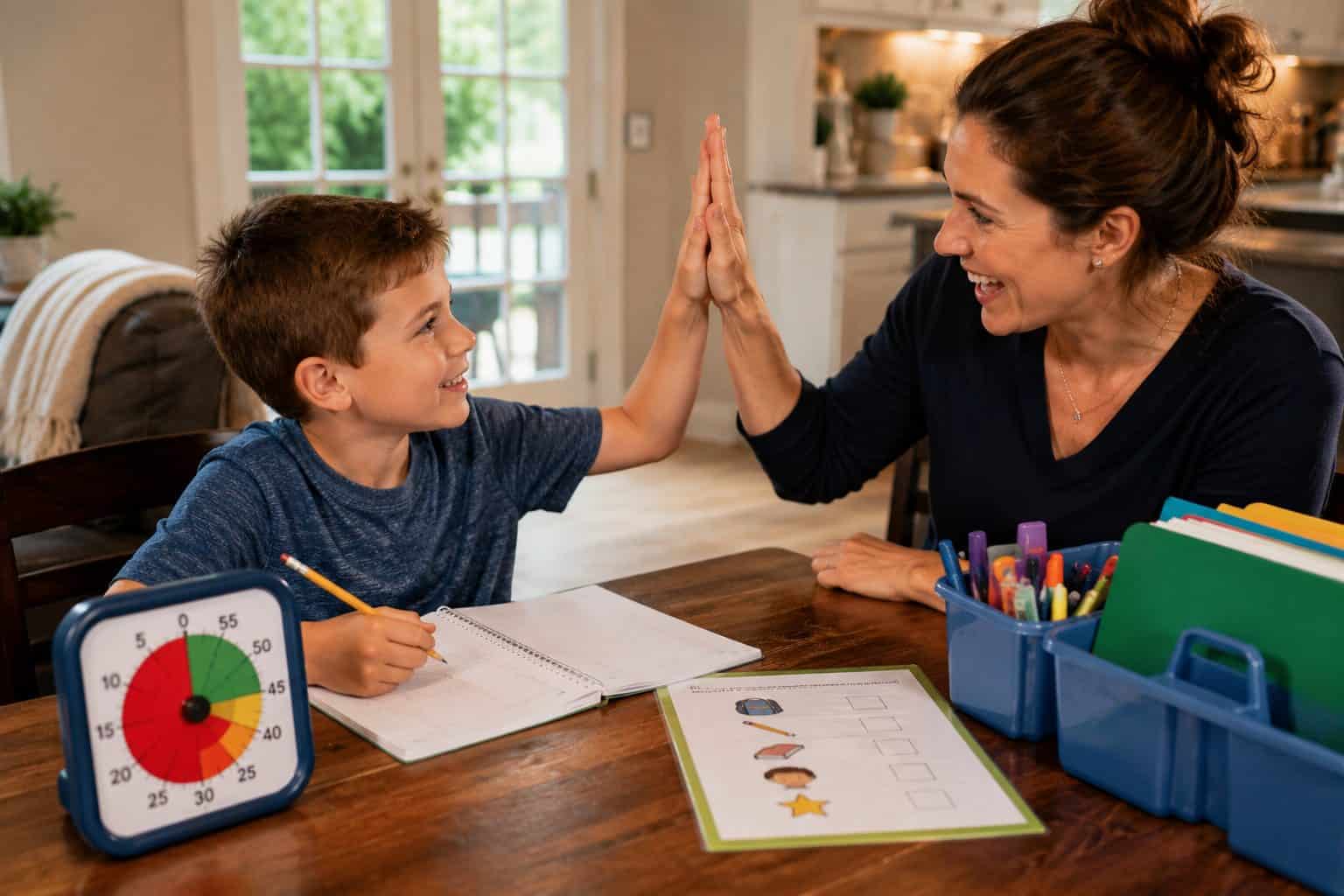 Young elementary student high-fiving an executive function coach during a homework session with a visual timer
