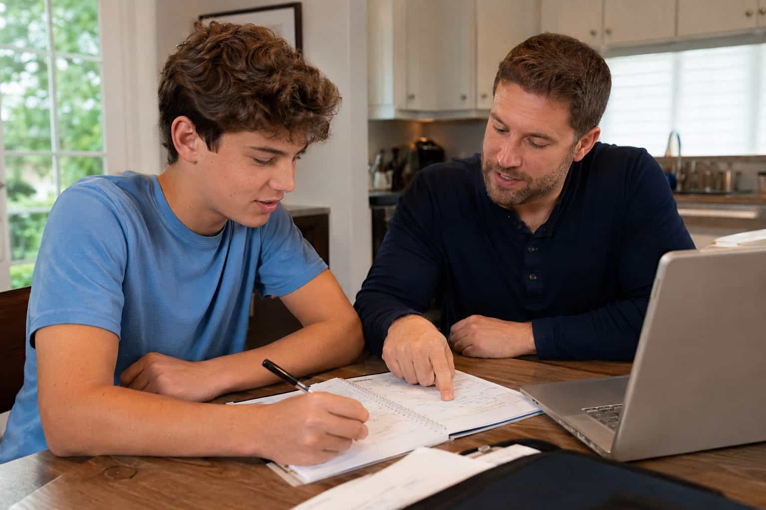 High school student working one-on-one with an executive function coach on a weekly planner at home