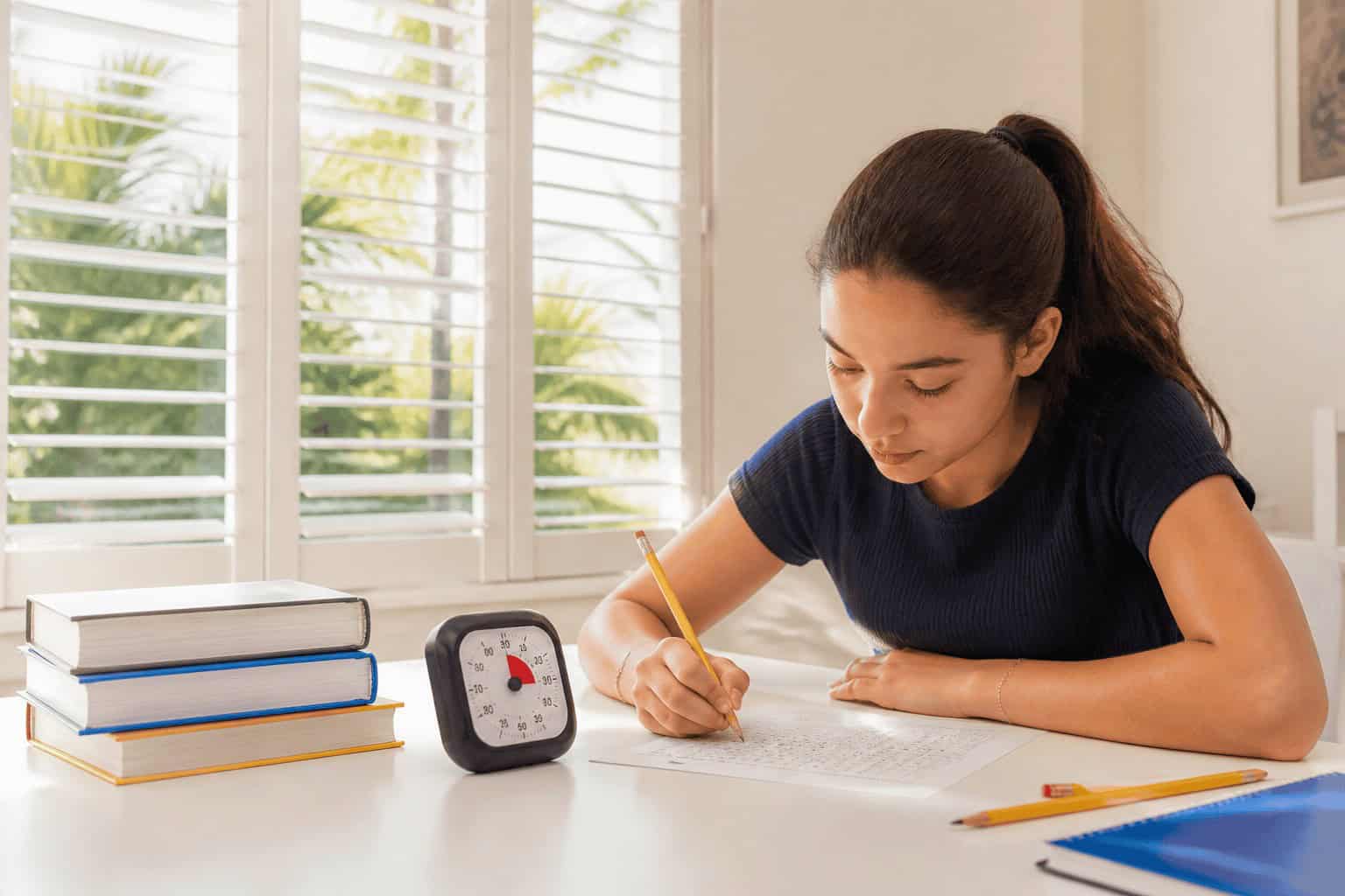 Middle school student completing a timed ISEE practice test with an answer sheet during test prep in Boca Raton, FL