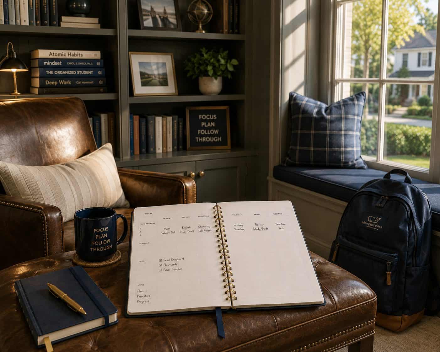 Refined New Canaan CT home library corner with built-in bookshelves, leather chair, and a student backpack and planner on an ottoman
