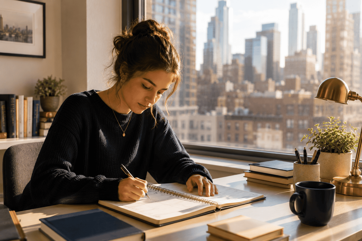 Student working at a desk above the Manhattan skyline - New York executive function coaching from DES