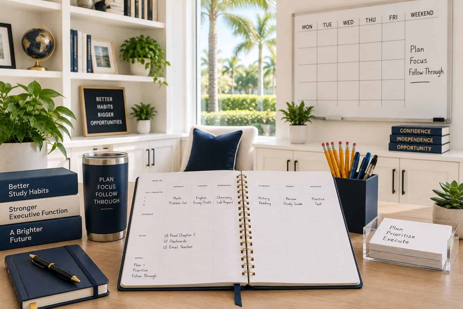 Modern Parkland FL family study room with a blank weekly whiteboard grid, aligned planner and pencils, and bright neutral light
