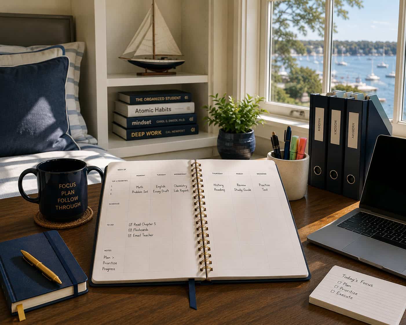 Rye NY shoreline-town bedroom desk with a sailboat model on the shelf, open student planner, and laptop in soft coastal light