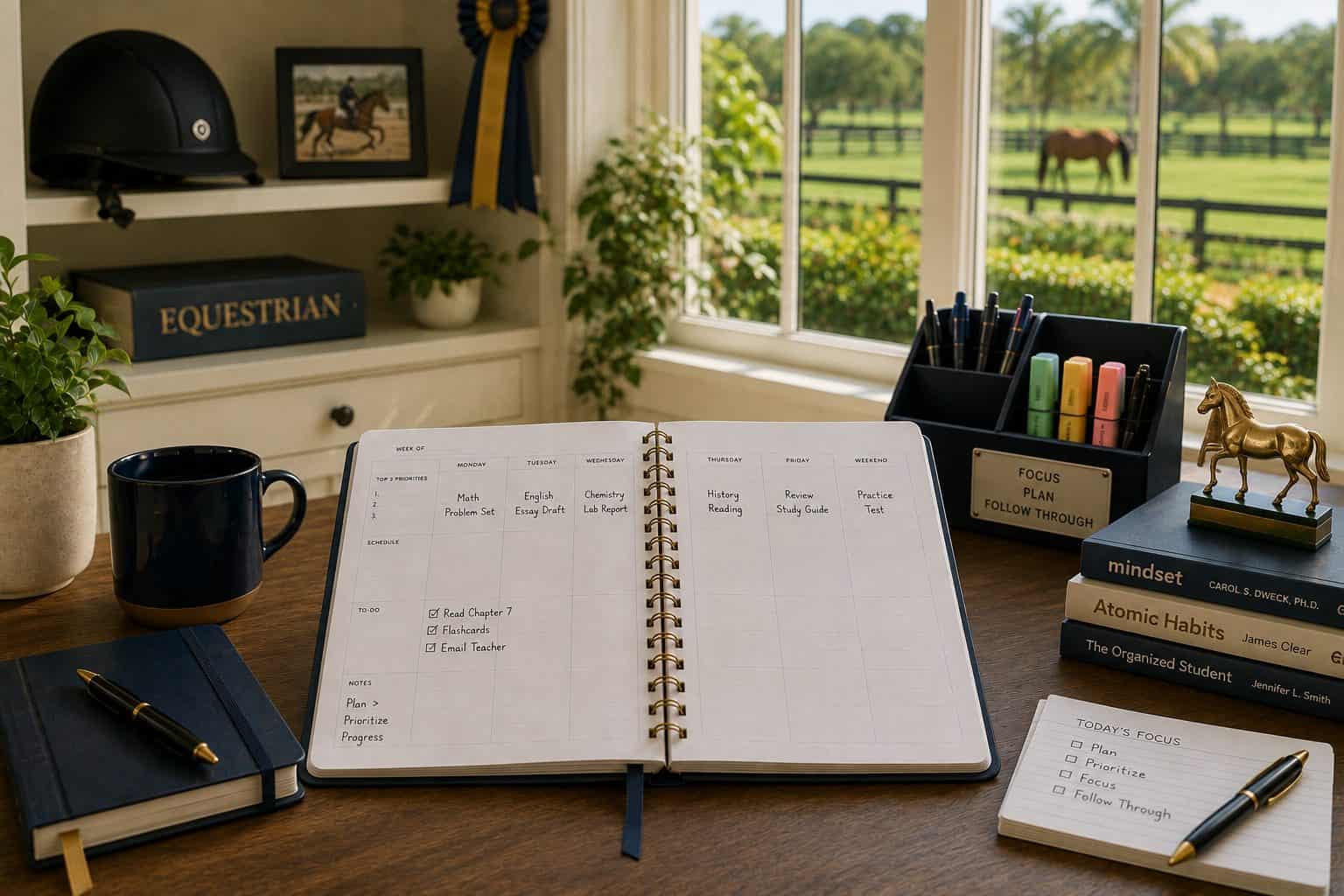 Equestrian-country home office in Wellington FL with a riding helmet on the shelf and a tidy desk with student planner and index cards