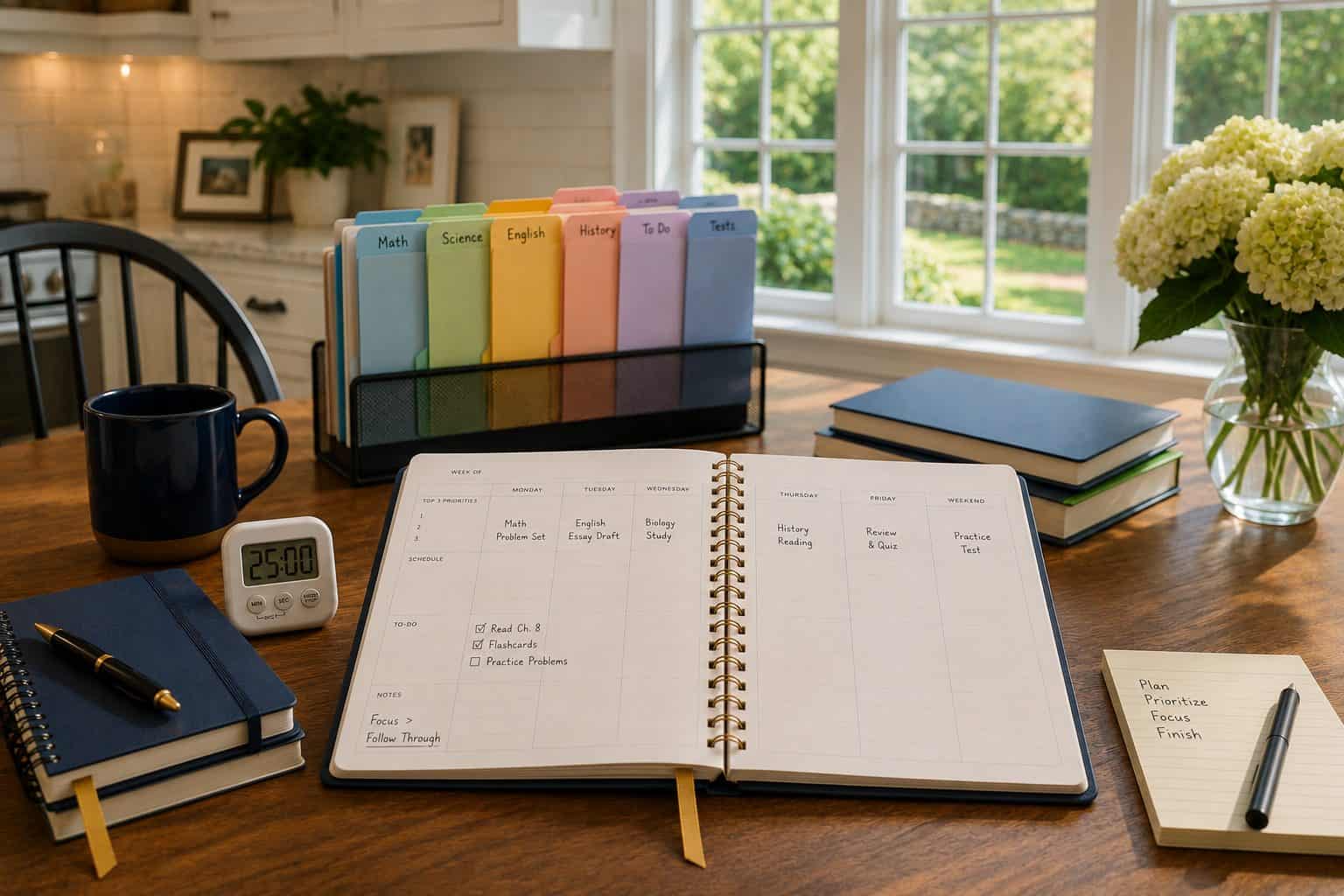 Westchester NY kitchen table study setup with color-coded folders, a visual timer, open student planner, and garden window light