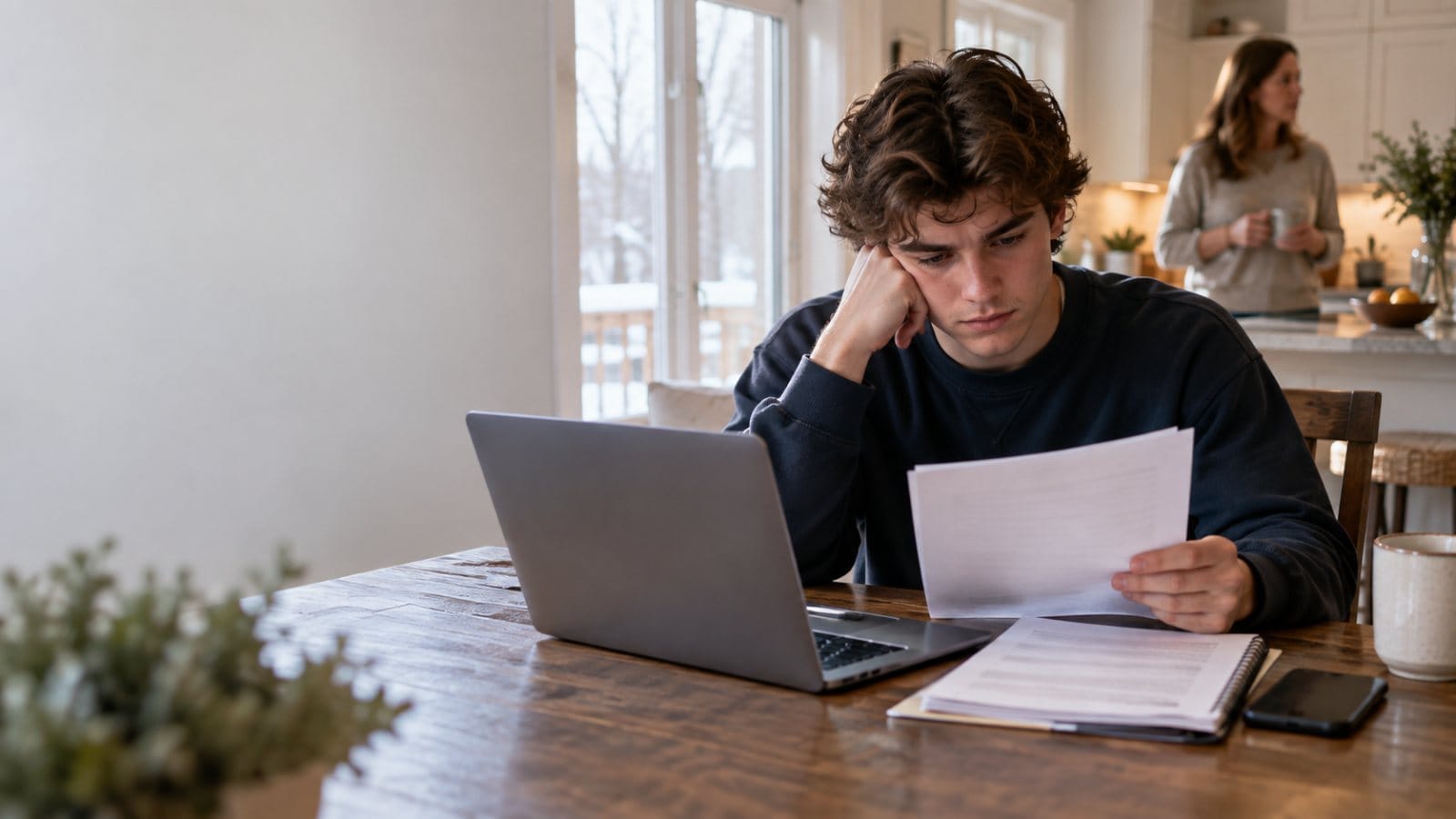 A college student at a kitchen table reads an academic probation letter beside an open laptop, with a parent in the background
