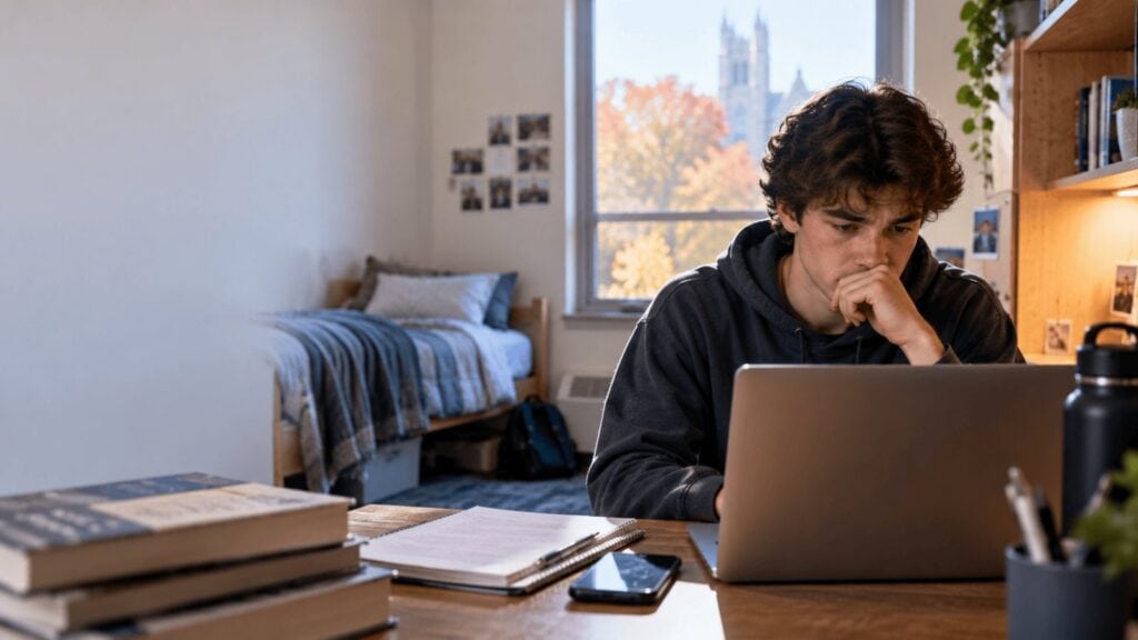 A first-year college student in a dorm room in autumn looks at midterm grades on a laptop