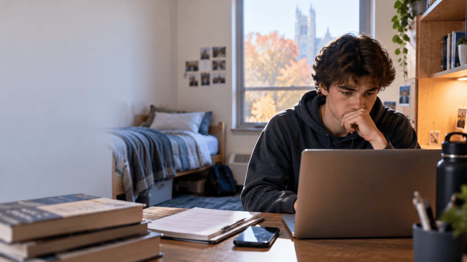 A first-year student failing the first semester of college looks at midterm grades on a laptop in a dorm room