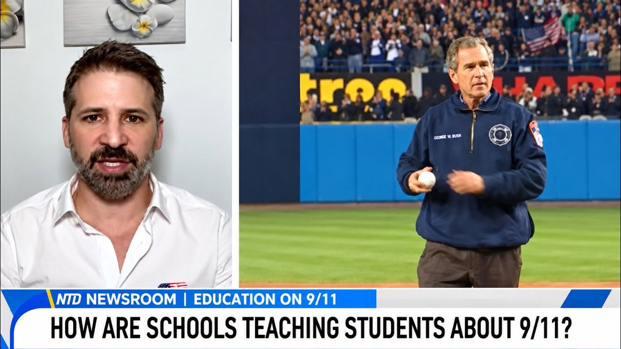 Aron Boxer on NTD News explaining why teaching children about 9/11 heroes matters more than a moment of silence