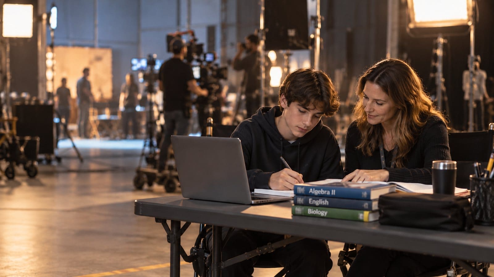 On-set tutoring: a DES educator works with a high school student on schoolwork at a table on a film set