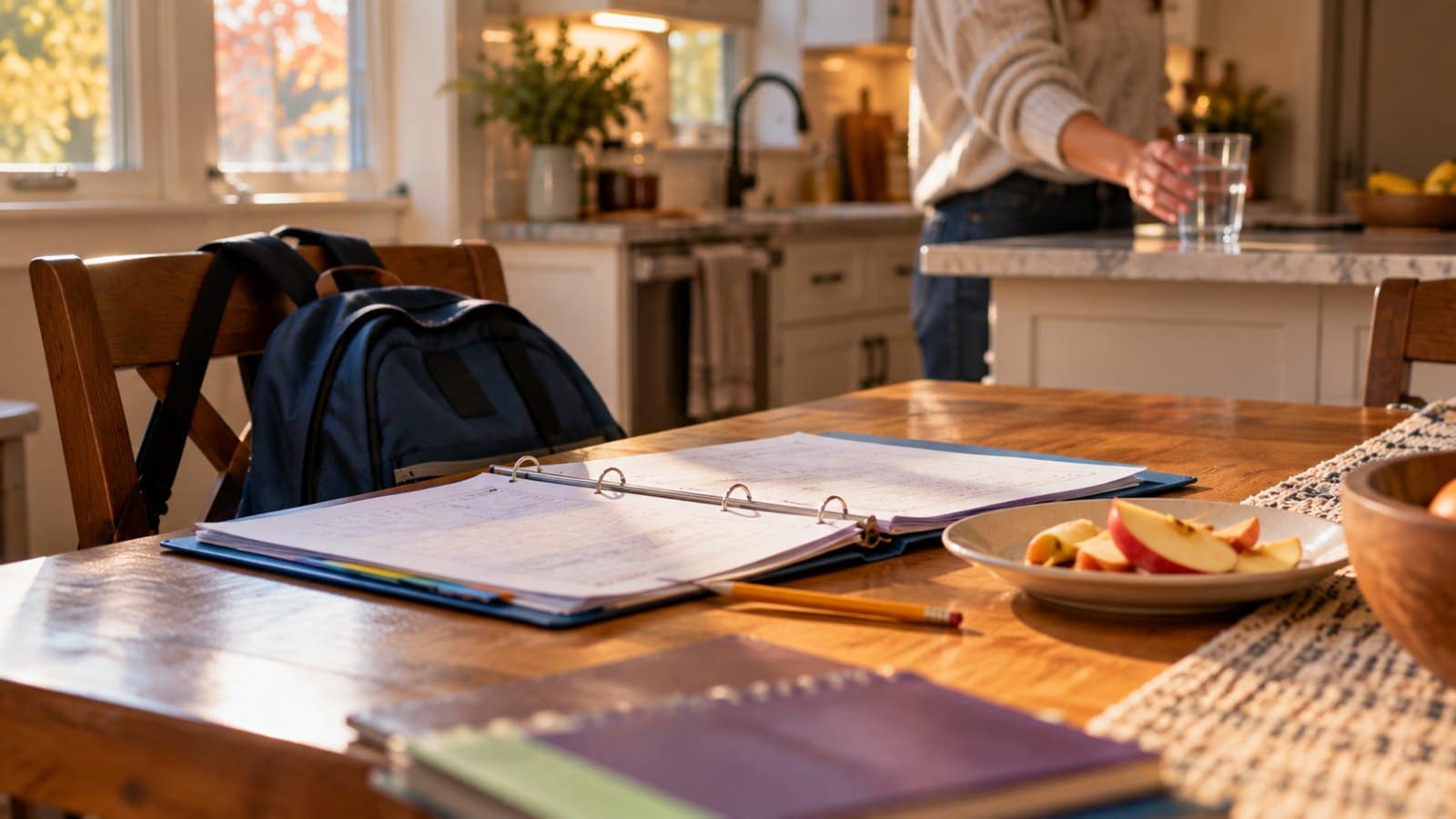 Homework binder, pencil, and apple slices on a kitchen table with a backpack on the chair