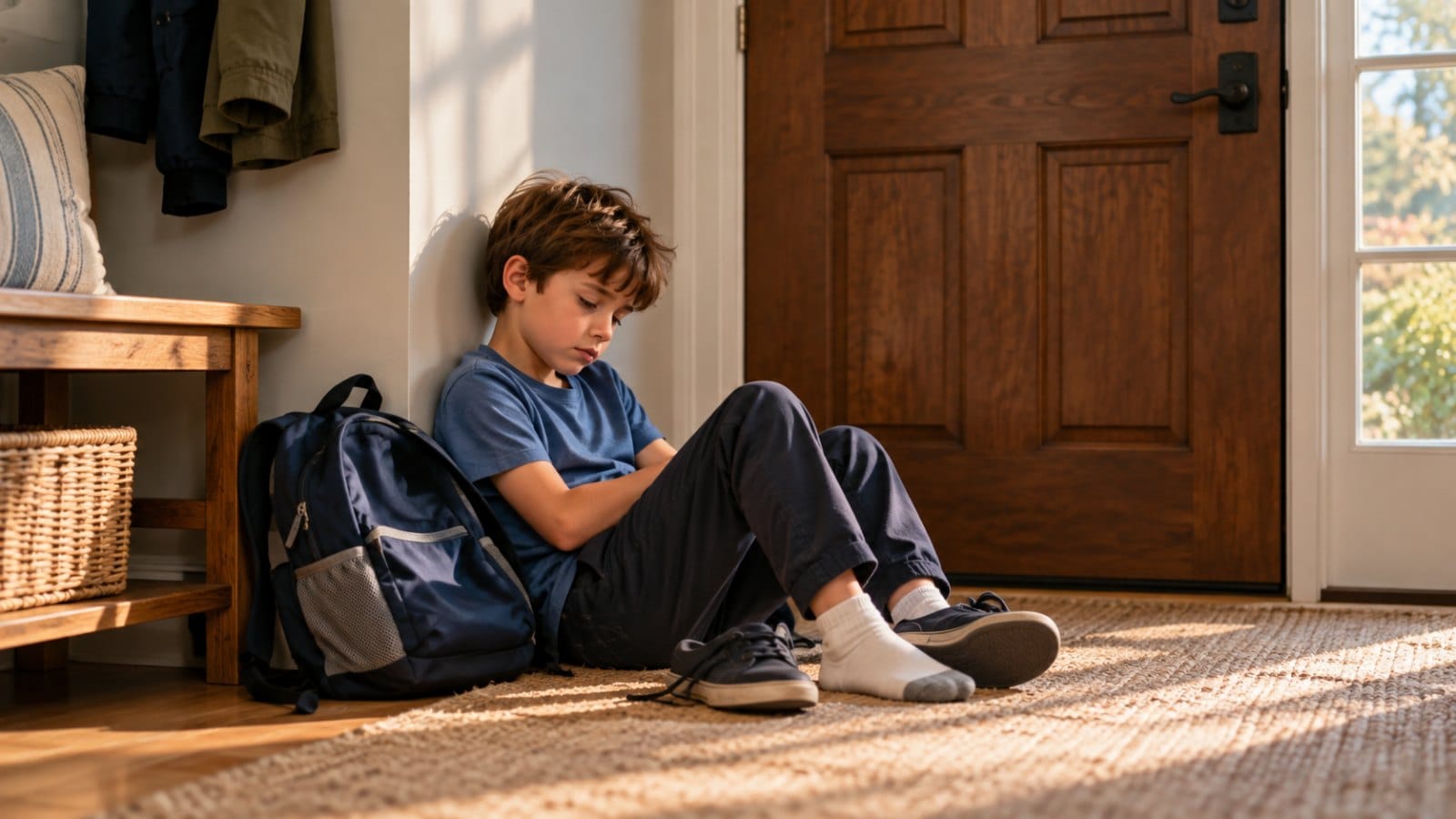 Child resting beside a backpack after school, illustrating after-school restraint collapse