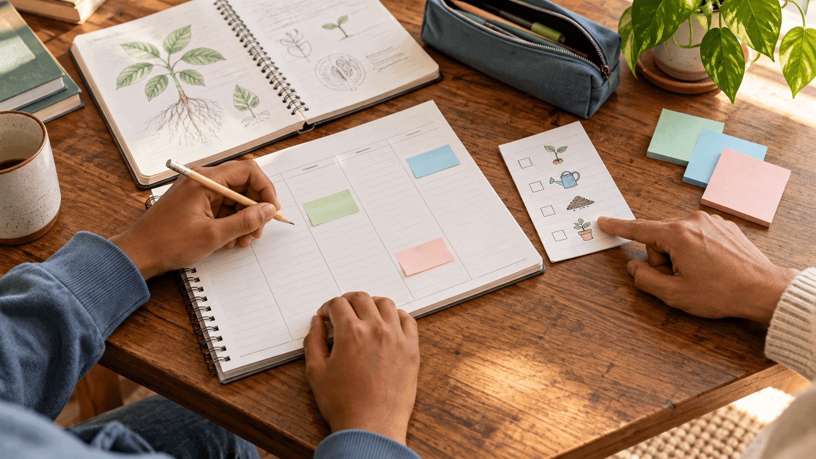 A student and an adult lay out the week in a planner with sticky notes and a checklist, executive function planning support at home