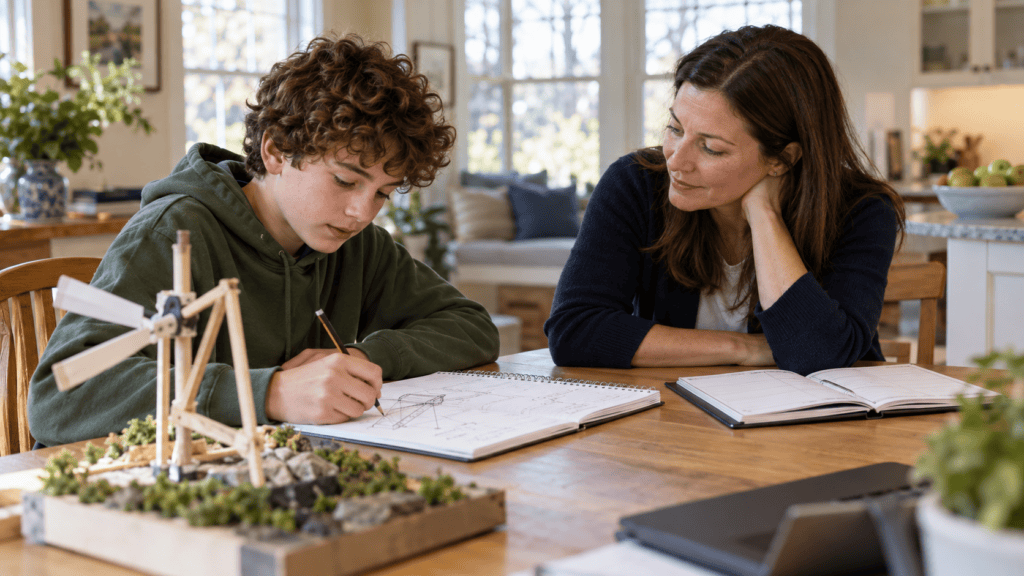 A middle school student works on a science project at the kitchen table while his mother looks on, the kind of home support the Greenwich Public Schools 2E Handbook describes