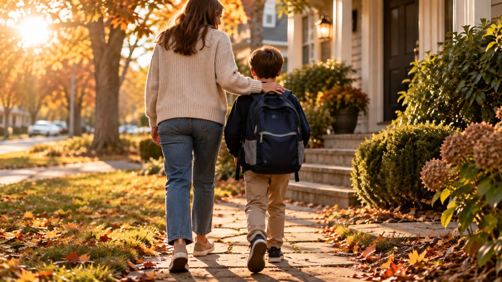 Parent with a hand on her child's shoulder walking up to the house after school